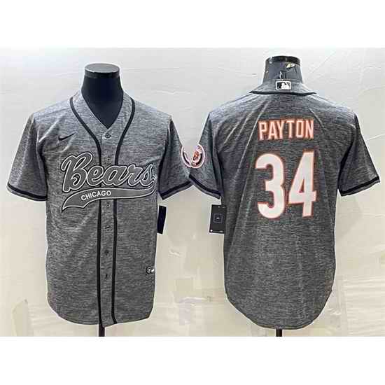 Men Chicago Bears 34 Walter Payton Grey With Patch Cool Base Stitched Baseball Jersey